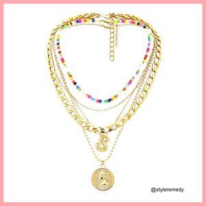 Brass Layered Necklaces Set with Pendant and Beaded Choker
